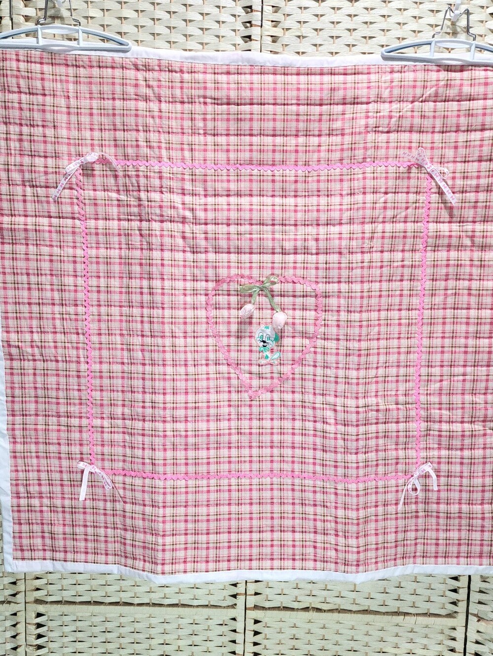 Hand Stitched Baby Quilt Pink Plaid 43x43 Whole Cloth
